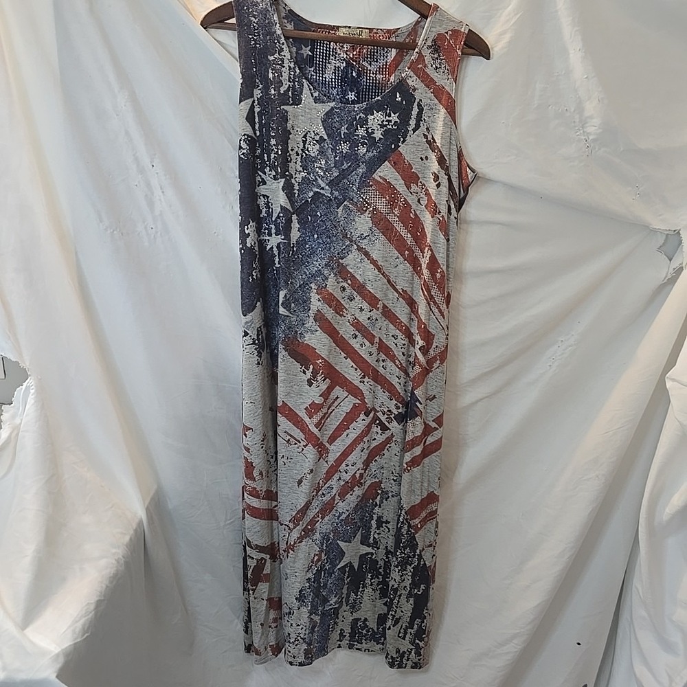 One World American Flag Long Maxi Dress Sleeveless Jeweled Sz L Patriotic July 4